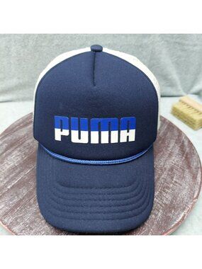 Puma Navy Blue Mesh Snapback Trucker Hat With Embroidered Logo